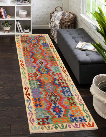 Flat Weave Kilim, Antique, Navaho, Vintage, Handmade, Geometric Kilim Rust Beige Hand-Woven Runner 100% Wool Area Rug 3 x 10